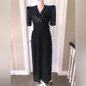 Algo Boutique Vintage 80s black sequin flowy wide leg formal jumpsuit